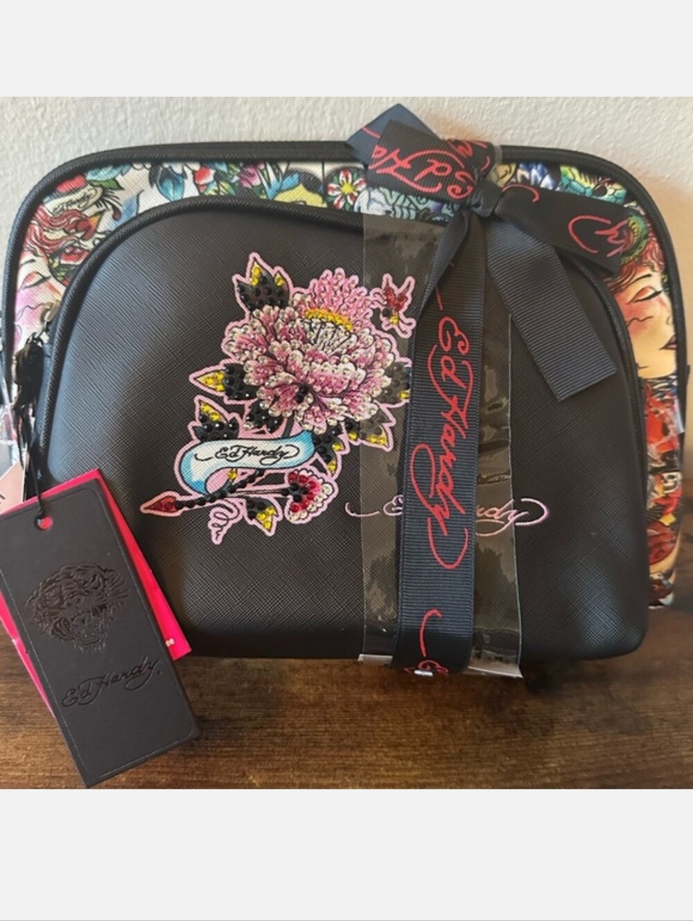 Ed Hardy Black Cosmetic Case with Pink Floral Patch and Branded Ribbon- Set